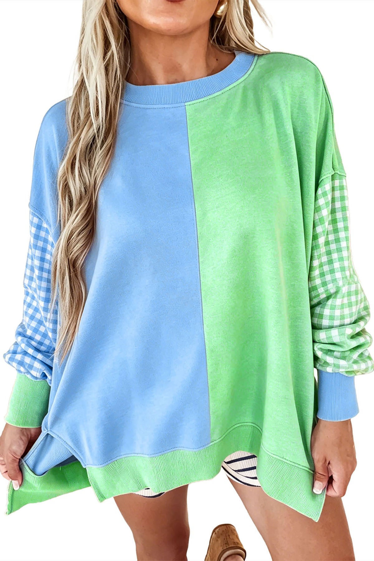 Colorblock Gingham-Sleeve Crewneck Sweatshirt