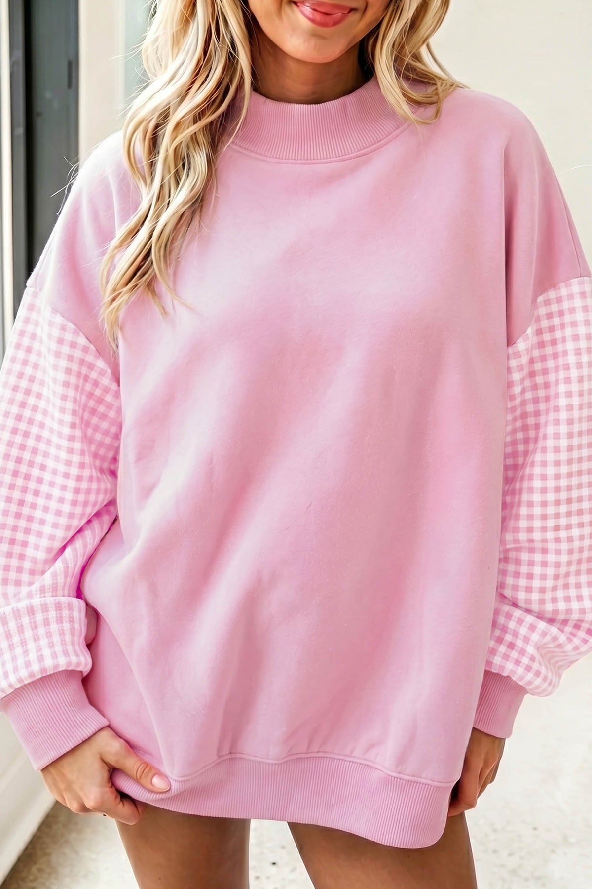 Plaid-Sleeve Colorblock Mock-Neck Tunic Sweatshirt