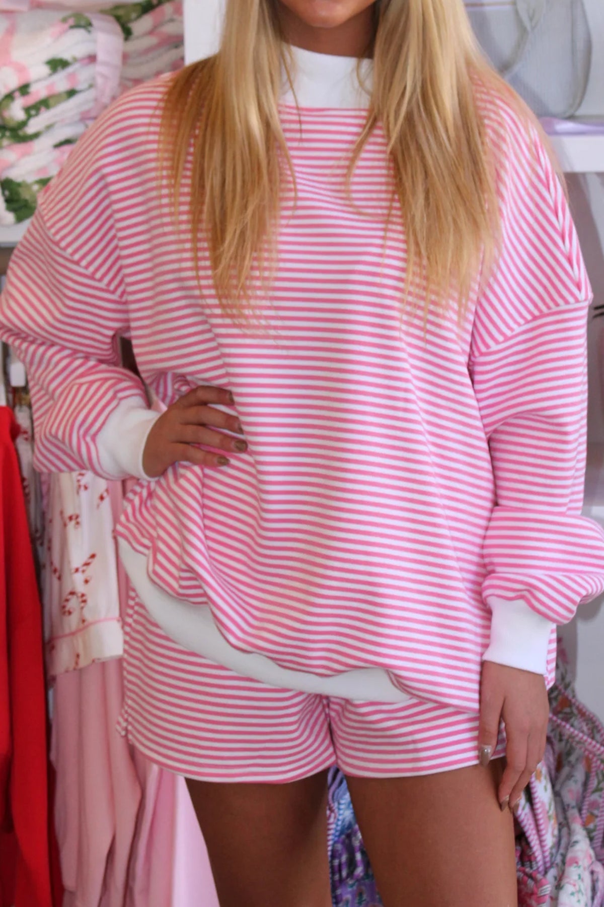 Oversized Striped Mock-Neck Sweatshirt & Shorts Set
