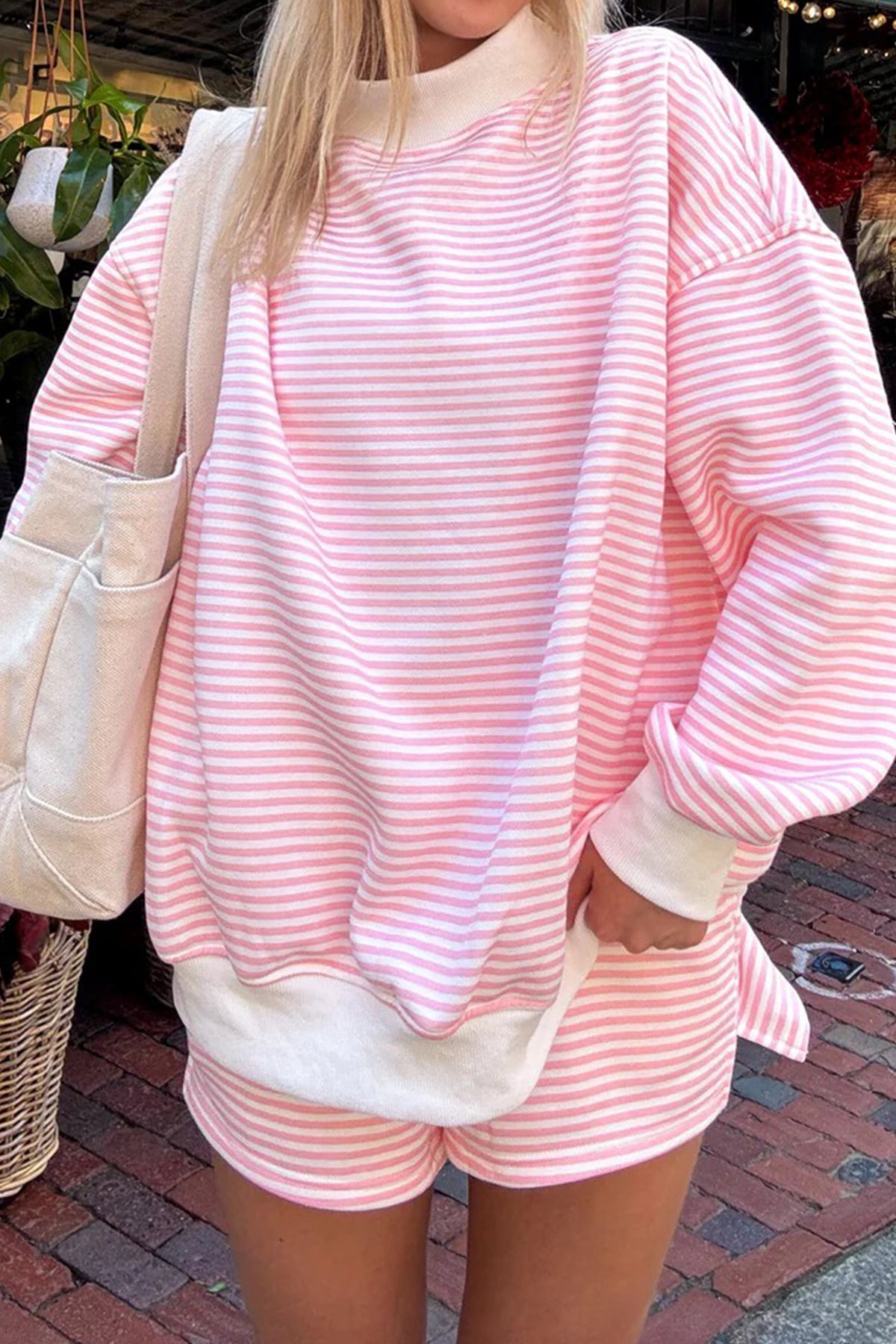 Oversized Striped Mock-Neck Sweatshirt & Shorts Set