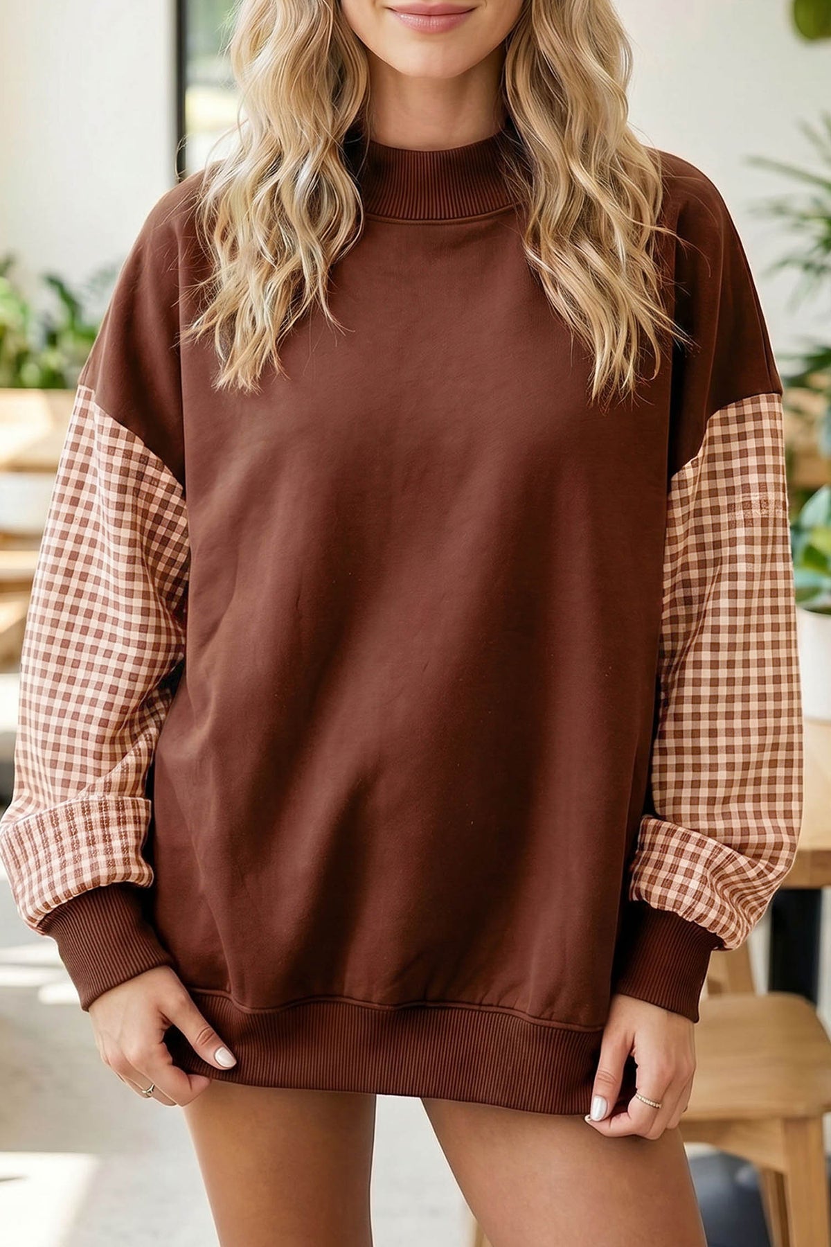 Plaid-Sleeve Colorblock Mock-Neck Tunic Sweatshirt