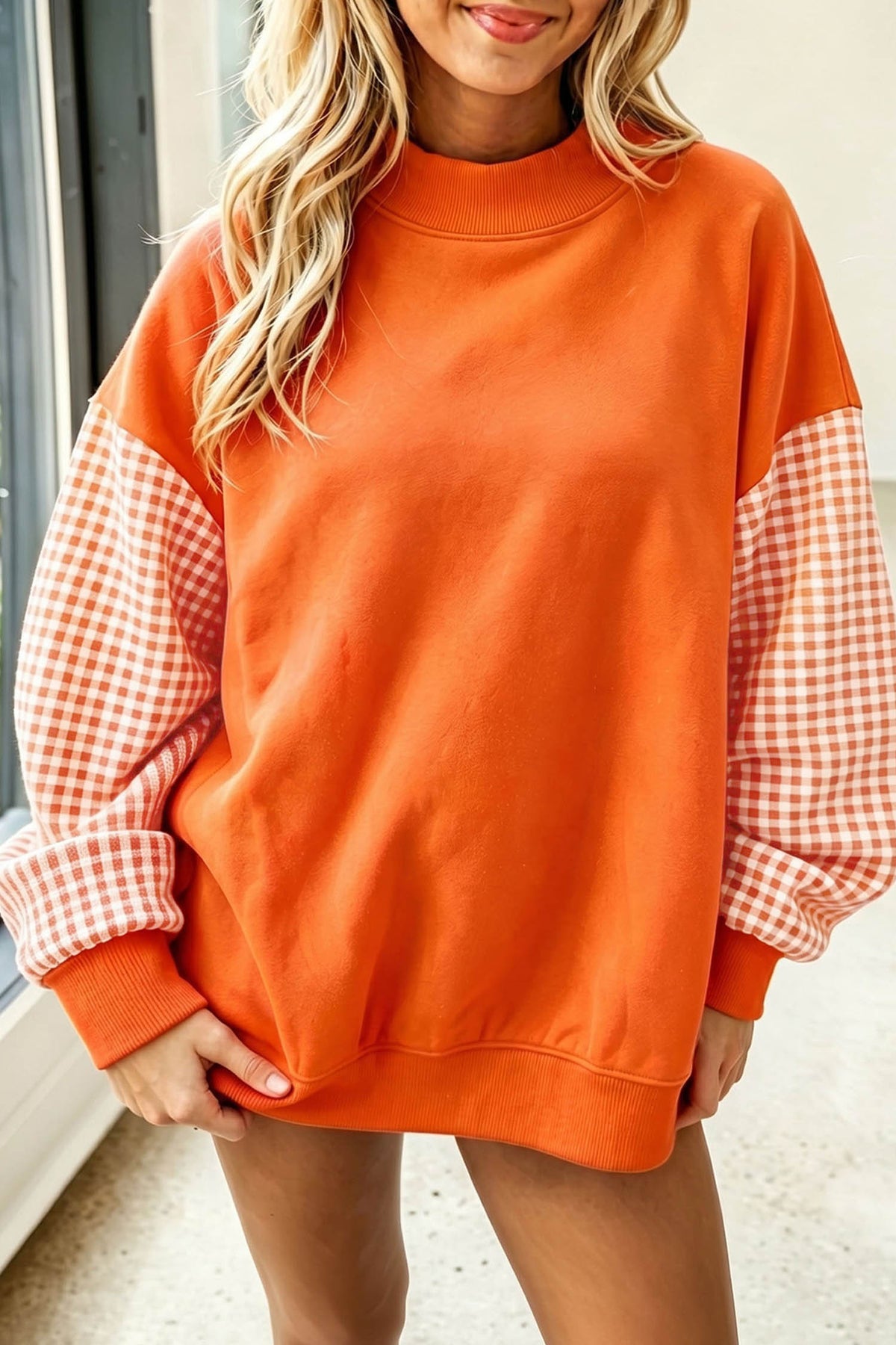 Plaid-Sleeve Colorblock Mock-Neck Tunic Sweatshirt