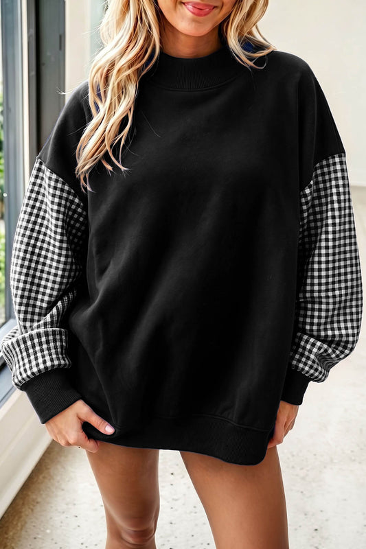 Plaid-Sleeve Colorblock Mock-Neck Tunic Sweatshirt
