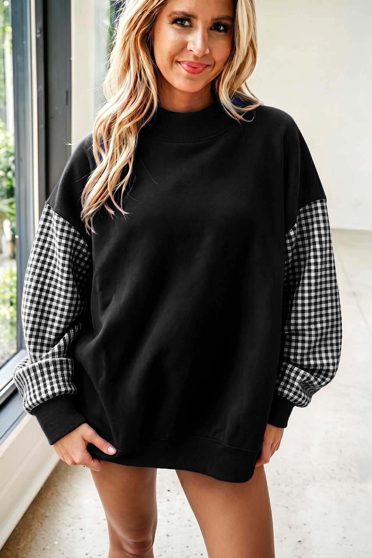 Plaid-Sleeve Colorblock Mock-Neck Tunic Sweatshirt