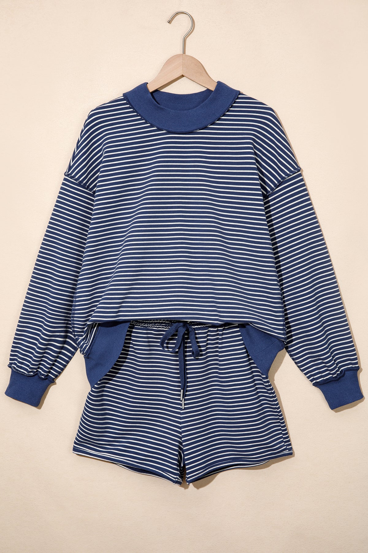 Pink Stripe Ribbed Patchwork Mock Neck Baggy Pullover Matching Shorts Set