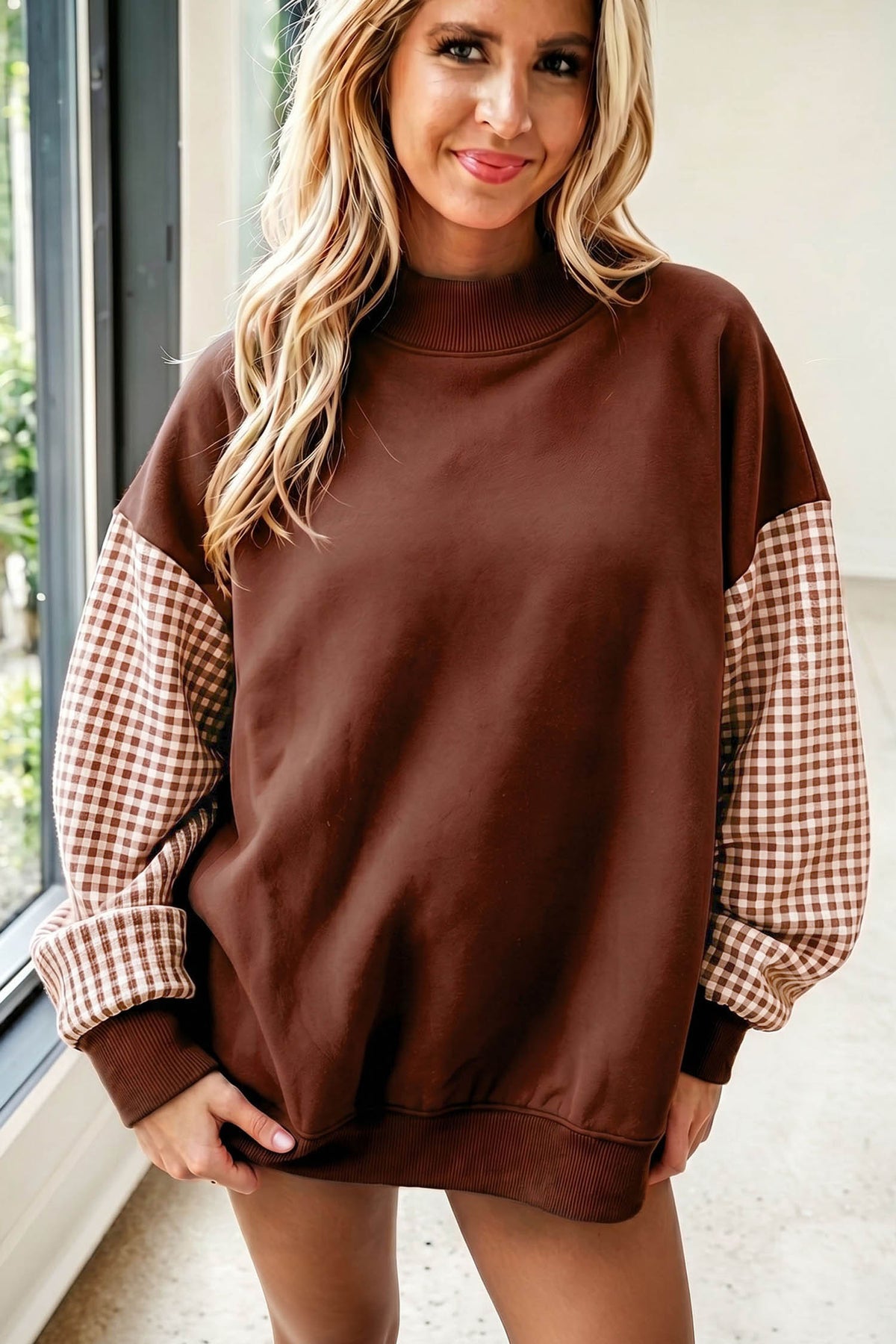 Plaid-Sleeve Colorblock Mock-Neck Tunic Sweatshirt