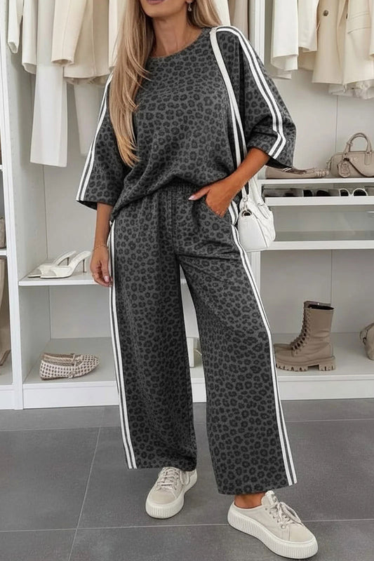Leopard Varsity Stripe 3/4-Sleeve Two-Piece Set