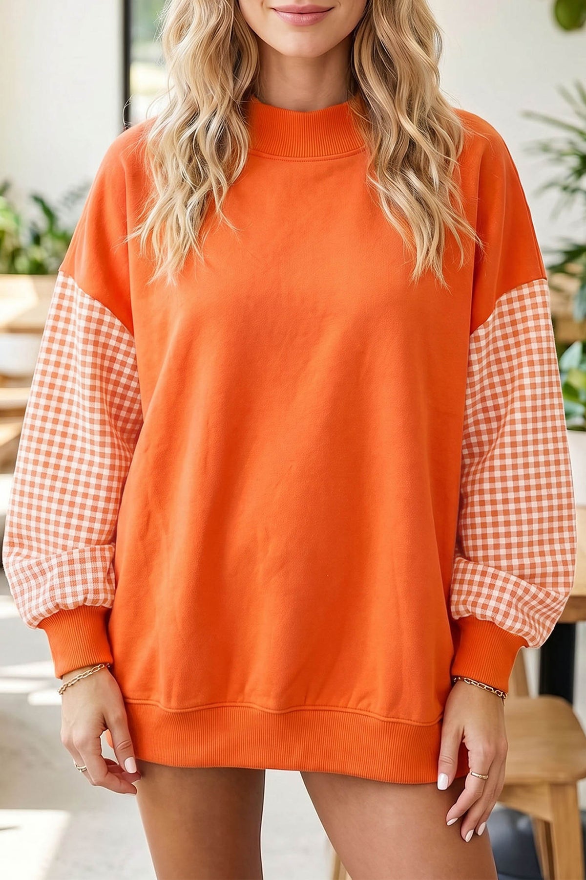 Plaid-Sleeve Colorblock Mock-Neck Tunic Sweatshirt