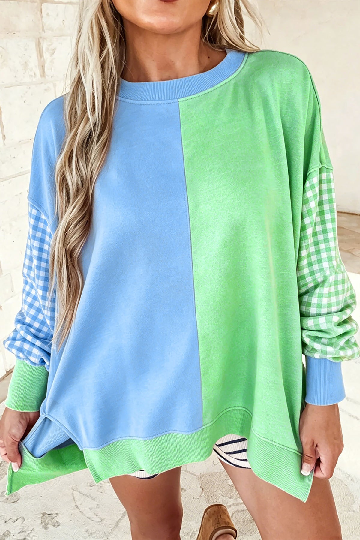 Colorblock Gingham-Sleeve Crewneck Sweatshirt