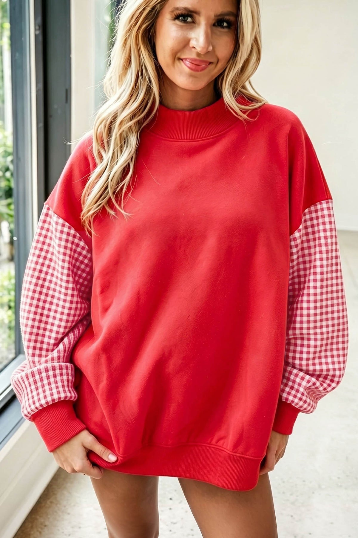 Plaid-Sleeve Colorblock Mock-Neck Tunic Sweatshirt