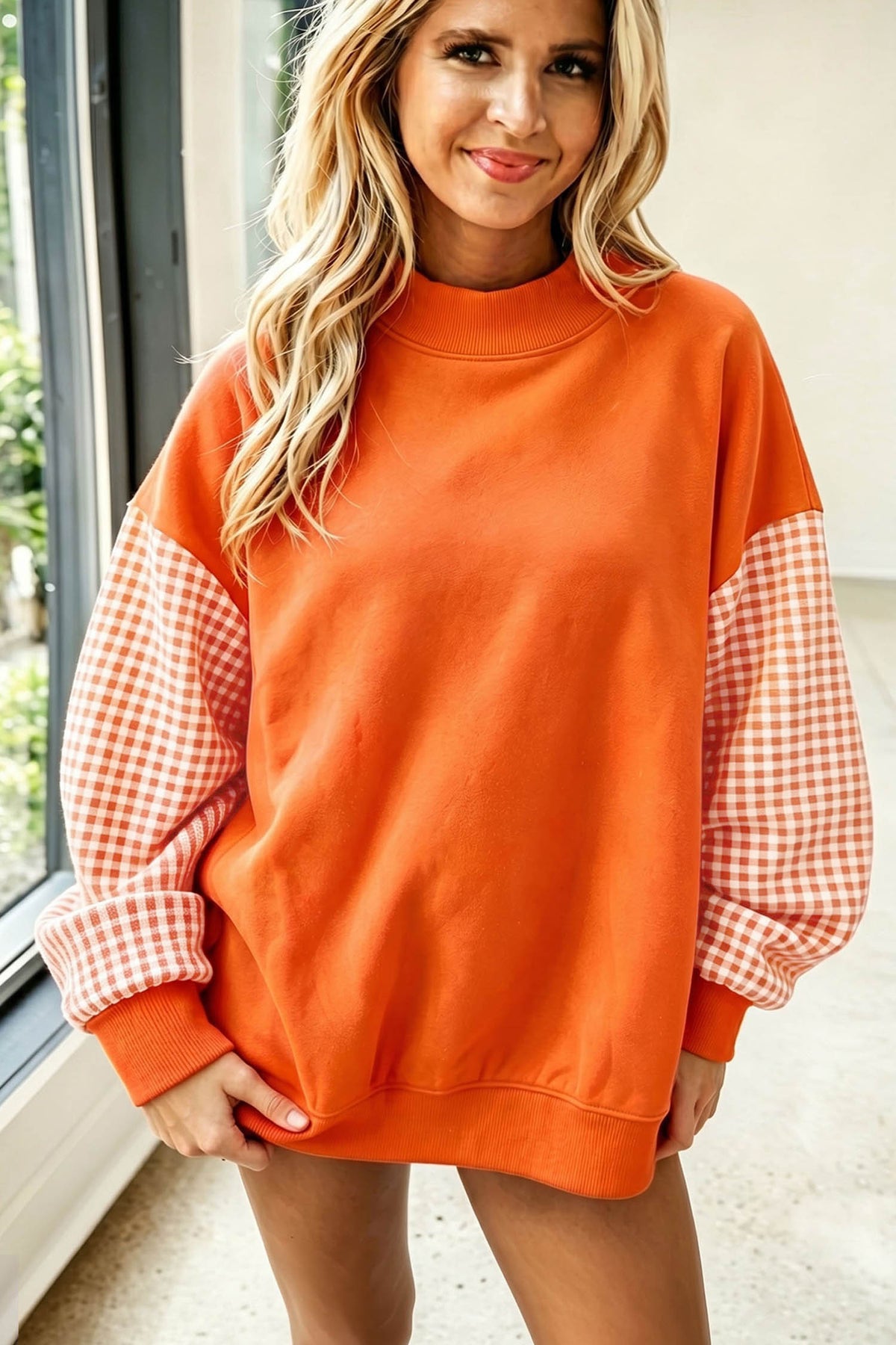 Plaid-Sleeve Colorblock Mock-Neck Tunic Sweatshirt