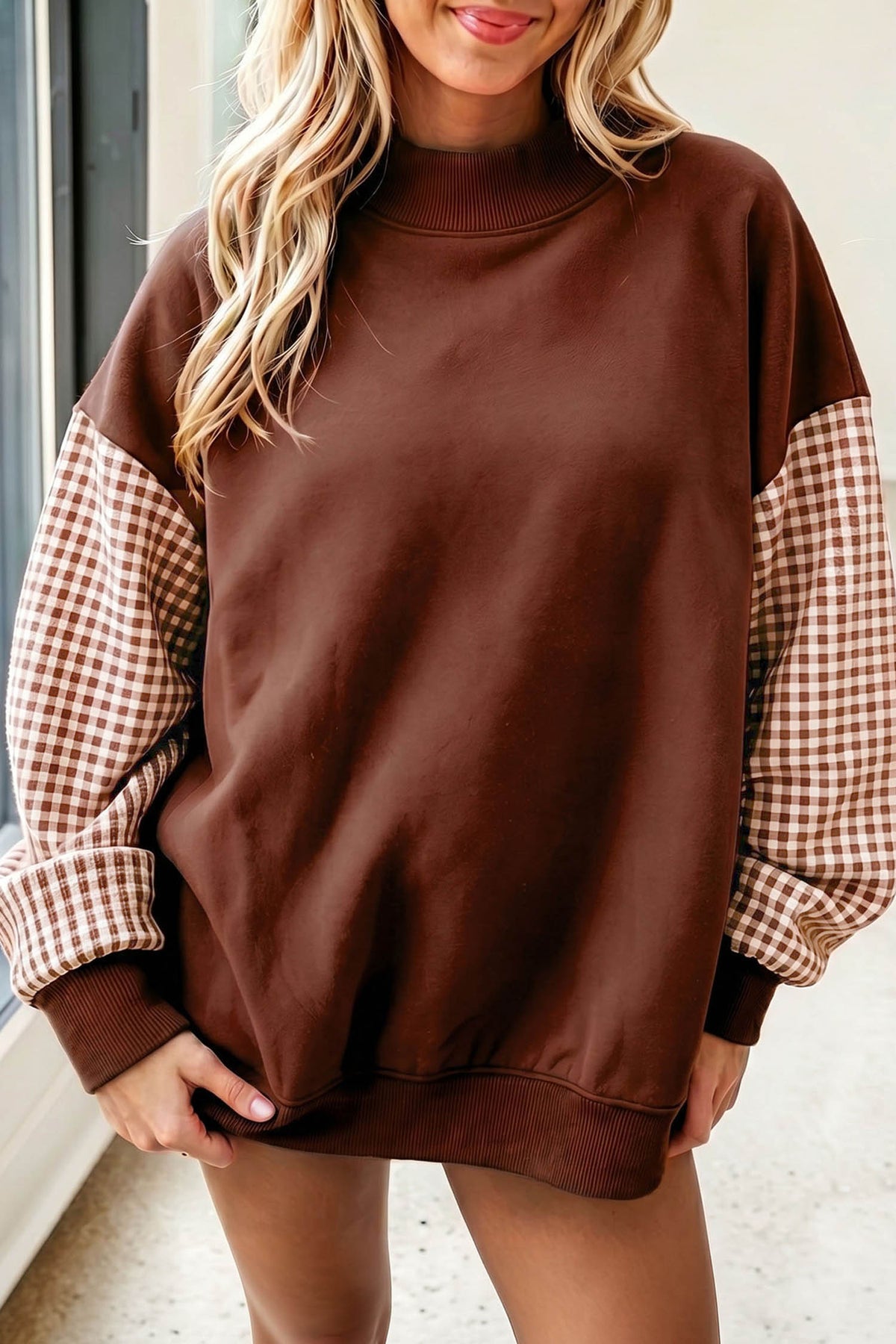 Plaid-Sleeve Colorblock Mock-Neck Tunic Sweatshirt