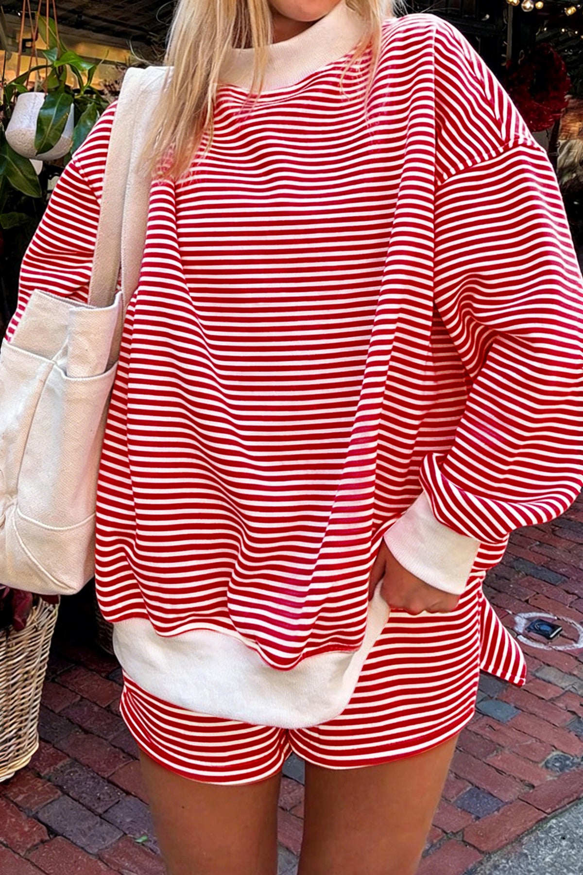 Oversized Striped Mock-Neck Sweatshirt & Shorts Set
