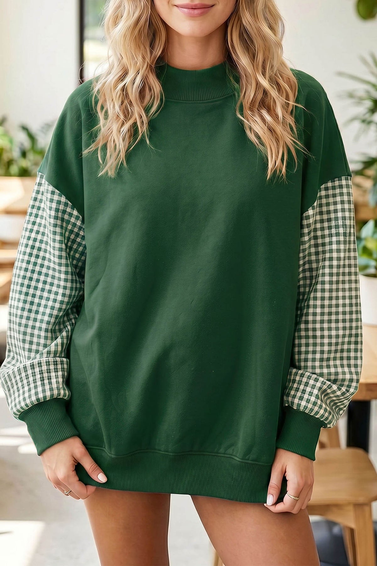 Plaid-Sleeve Colorblock Mock-Neck Tunic Sweatshirt
