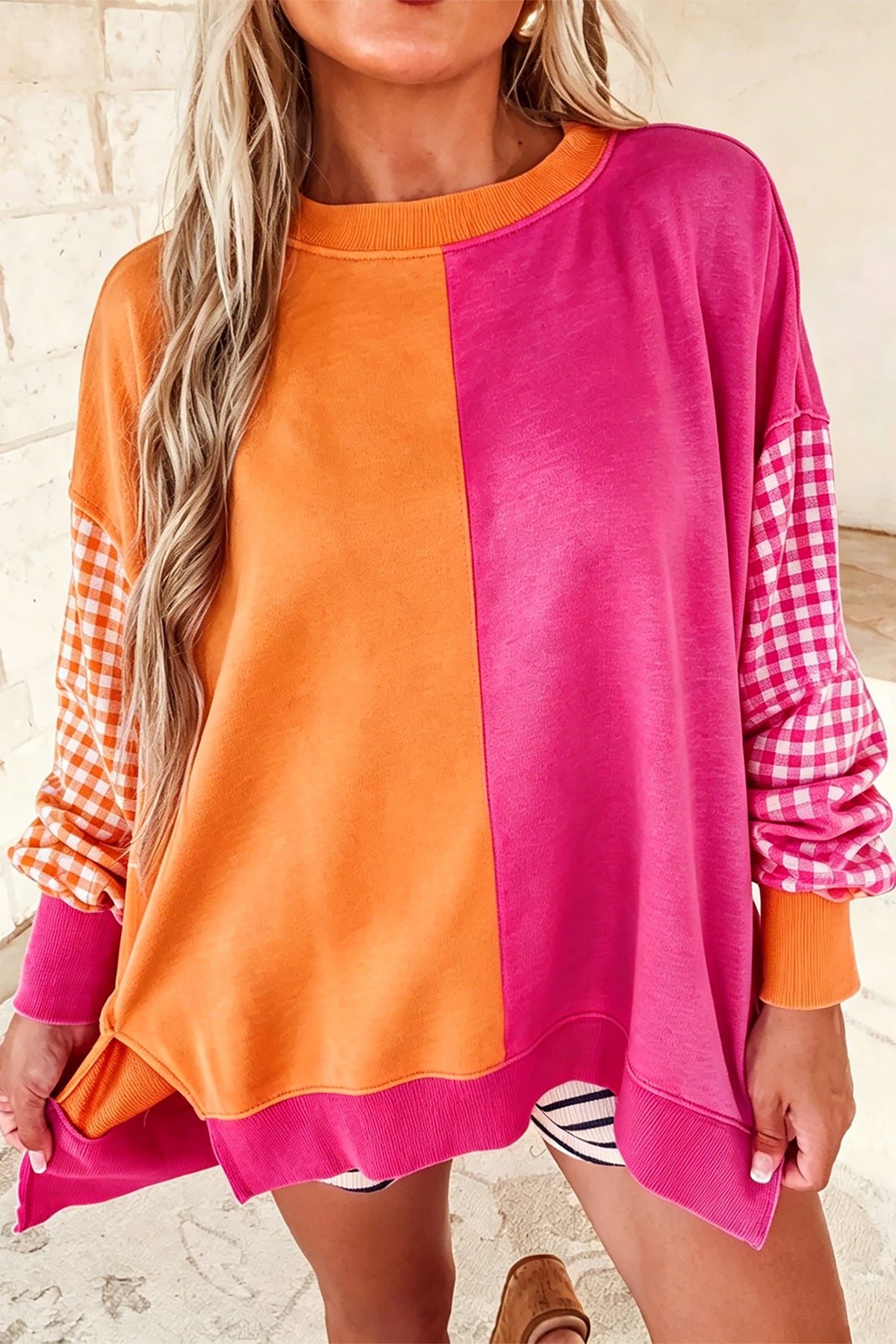 Colorblock Gingham-Sleeve Crewneck Sweatshirt