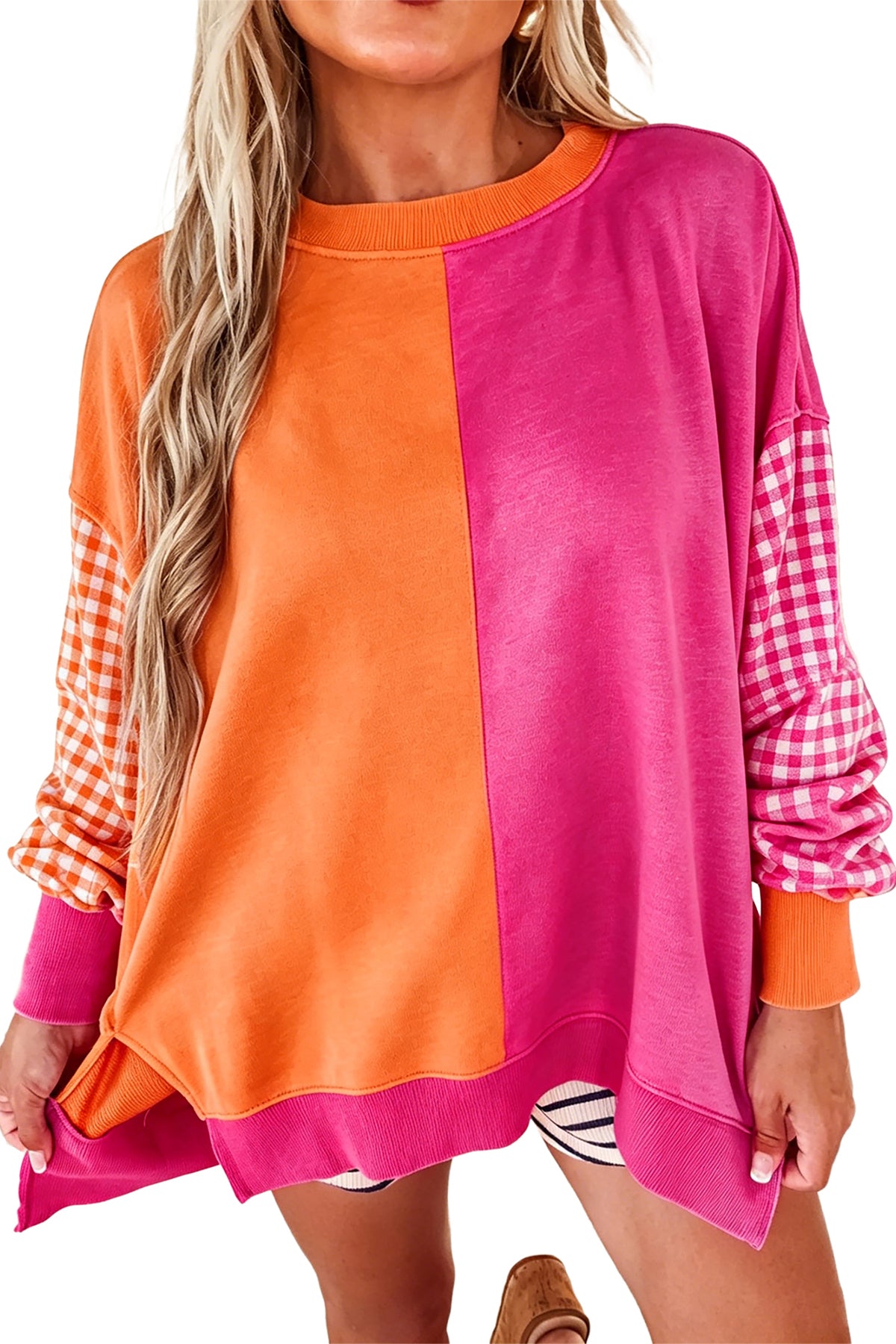 Colorblock Gingham-Sleeve Crewneck Sweatshirt