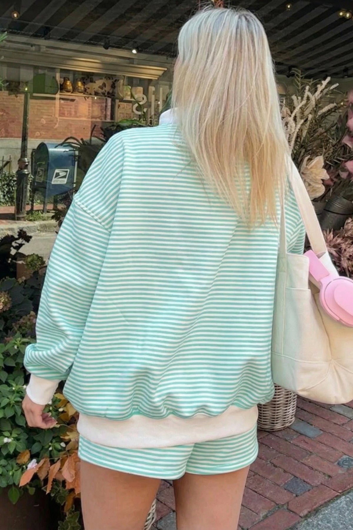 Oversized Striped Mock-Neck Sweatshirt & Shorts Set