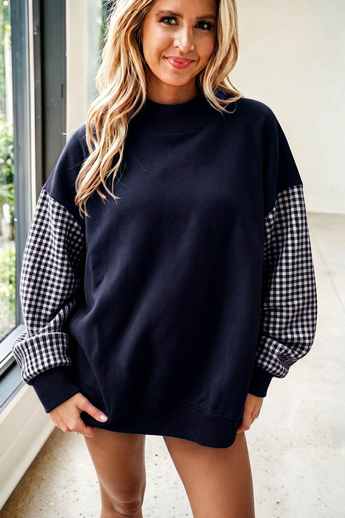 Plaid-Sleeve Colorblock Mock-Neck Tunic Sweatshirt