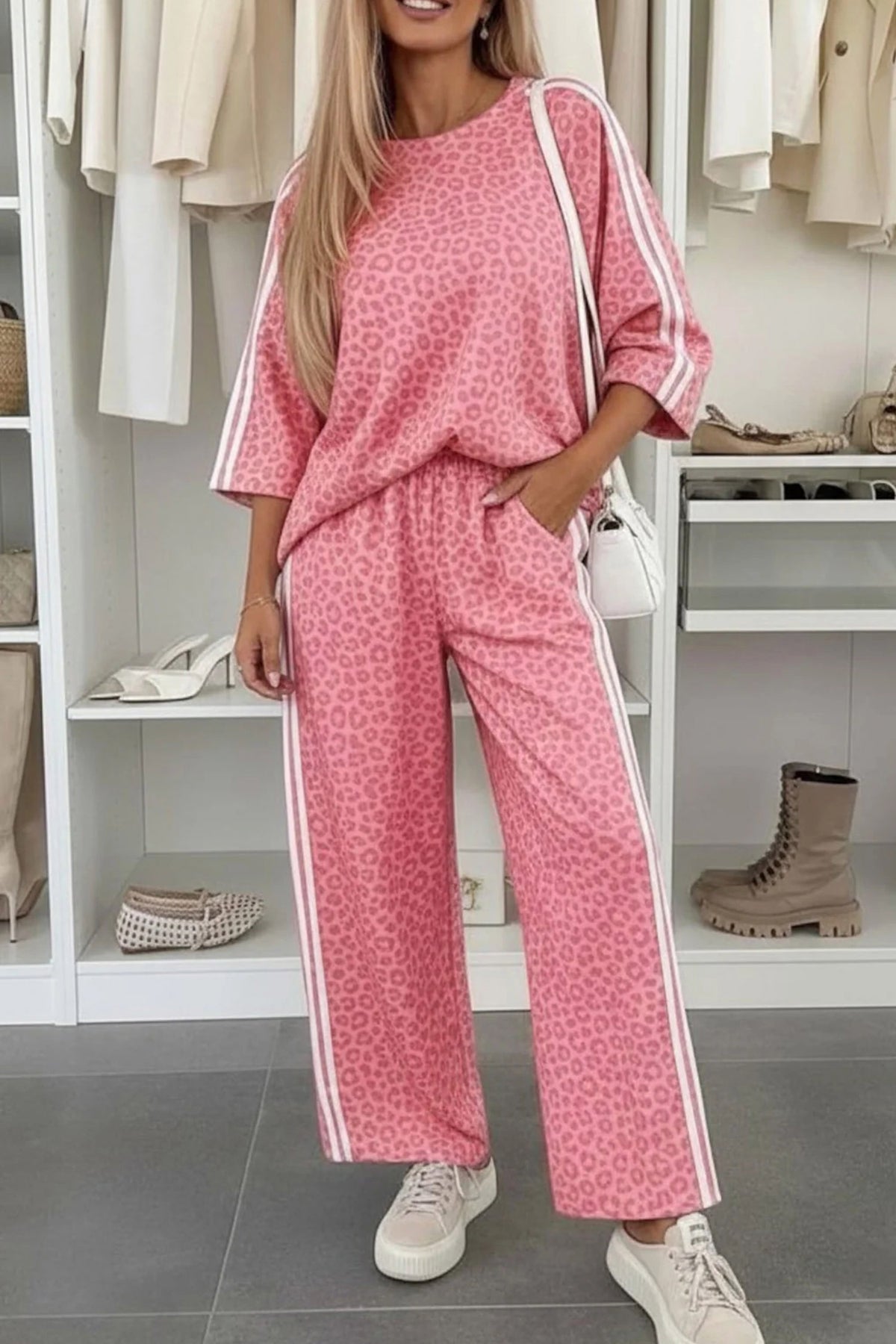 Leopard Varsity Stripe 3/4-Sleeve Two-Piece Set