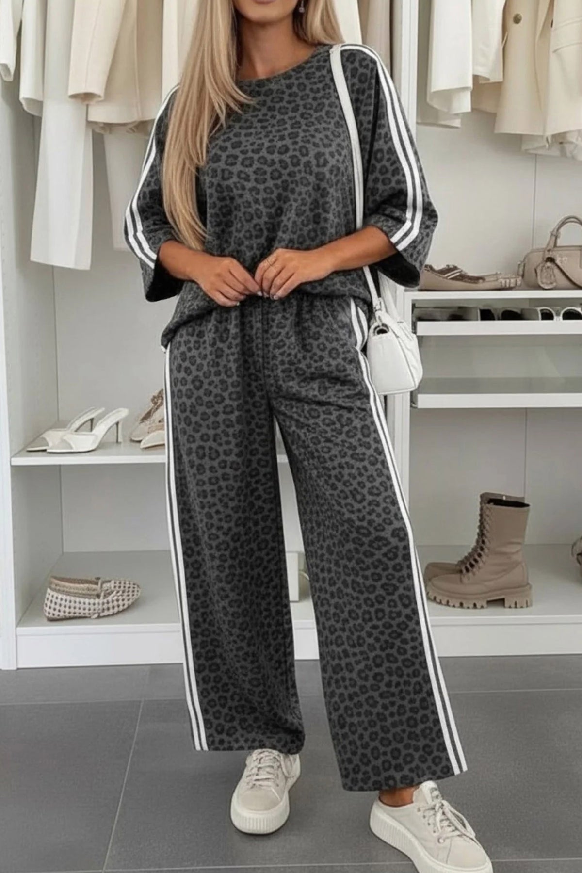 Leopard Varsity Stripe 3/4-Sleeve Two-Piece Set