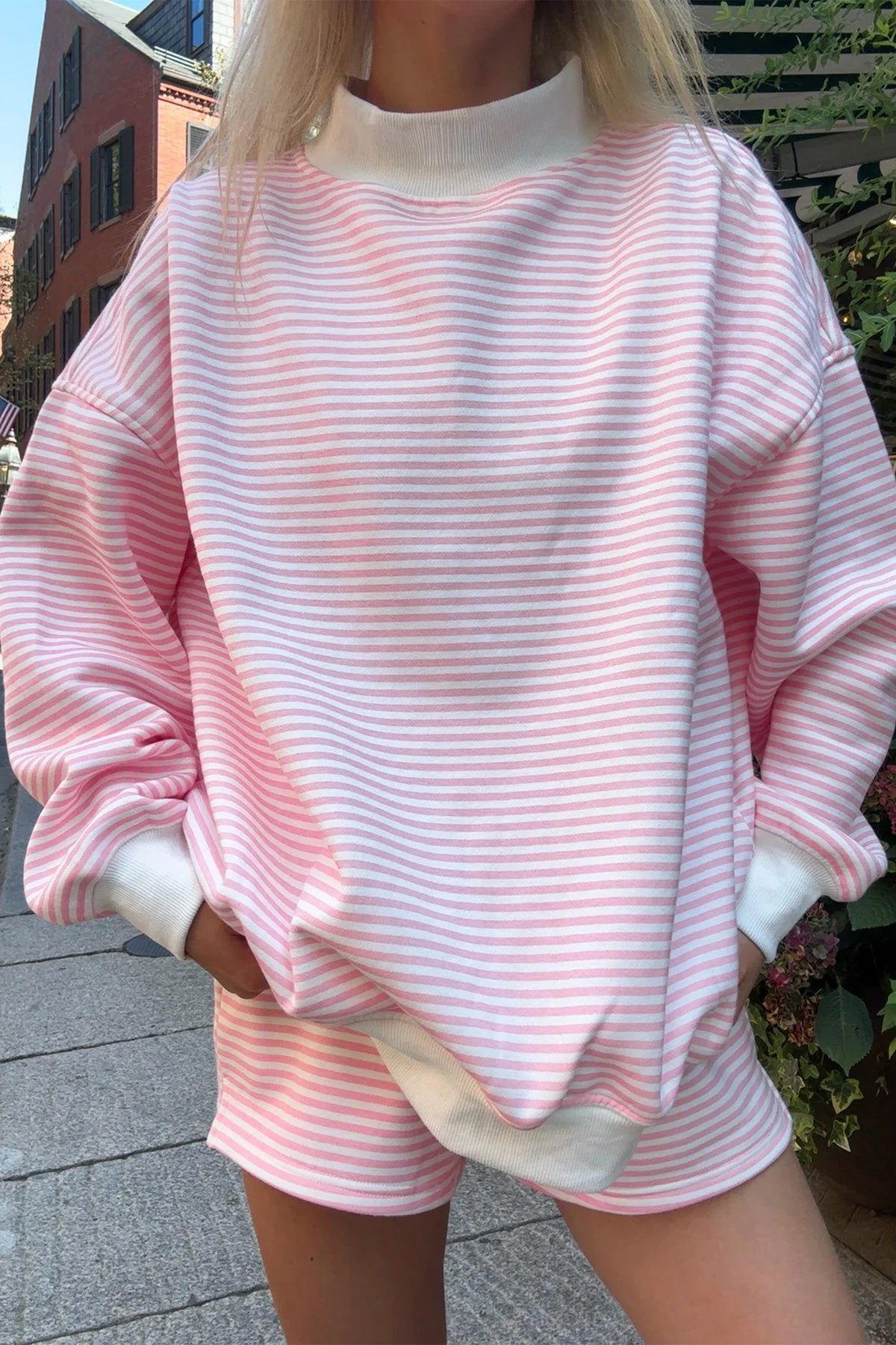 Oversized Striped Mock-Neck Sweatshirt & Shorts Set
