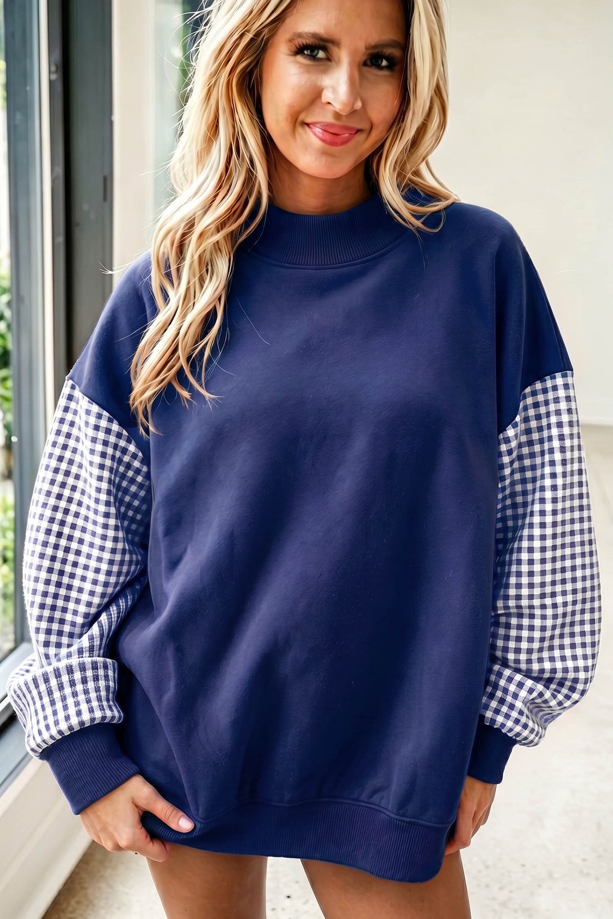 Plaid-Sleeve Colorblock Mock-Neck Tunic Sweatshirt