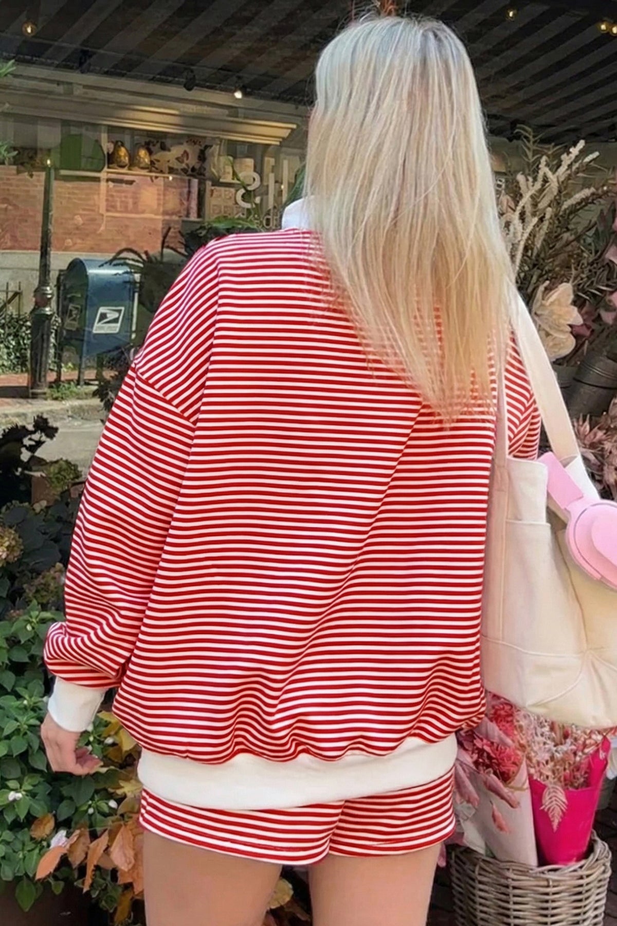 Oversized Striped Mock-Neck Sweatshirt & Shorts Set