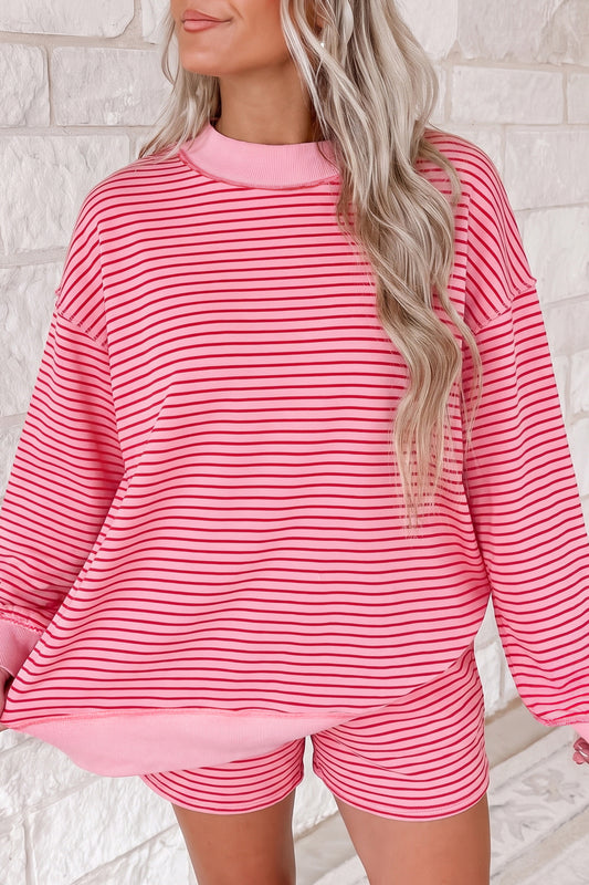 Striped Ribbed Mock-Neck Pullover & Shorts Set