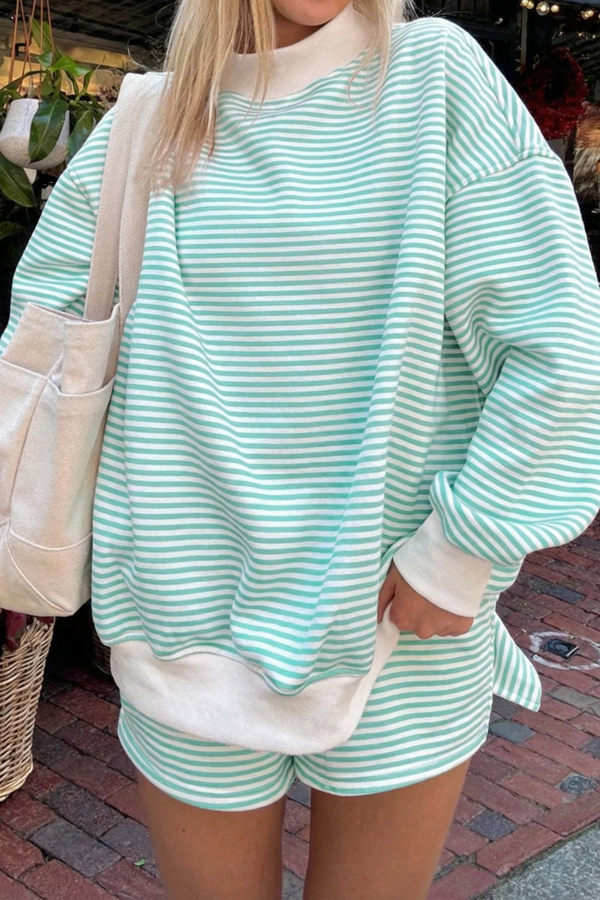 Oversized Striped Mock-Neck Sweatshirt & Shorts Set