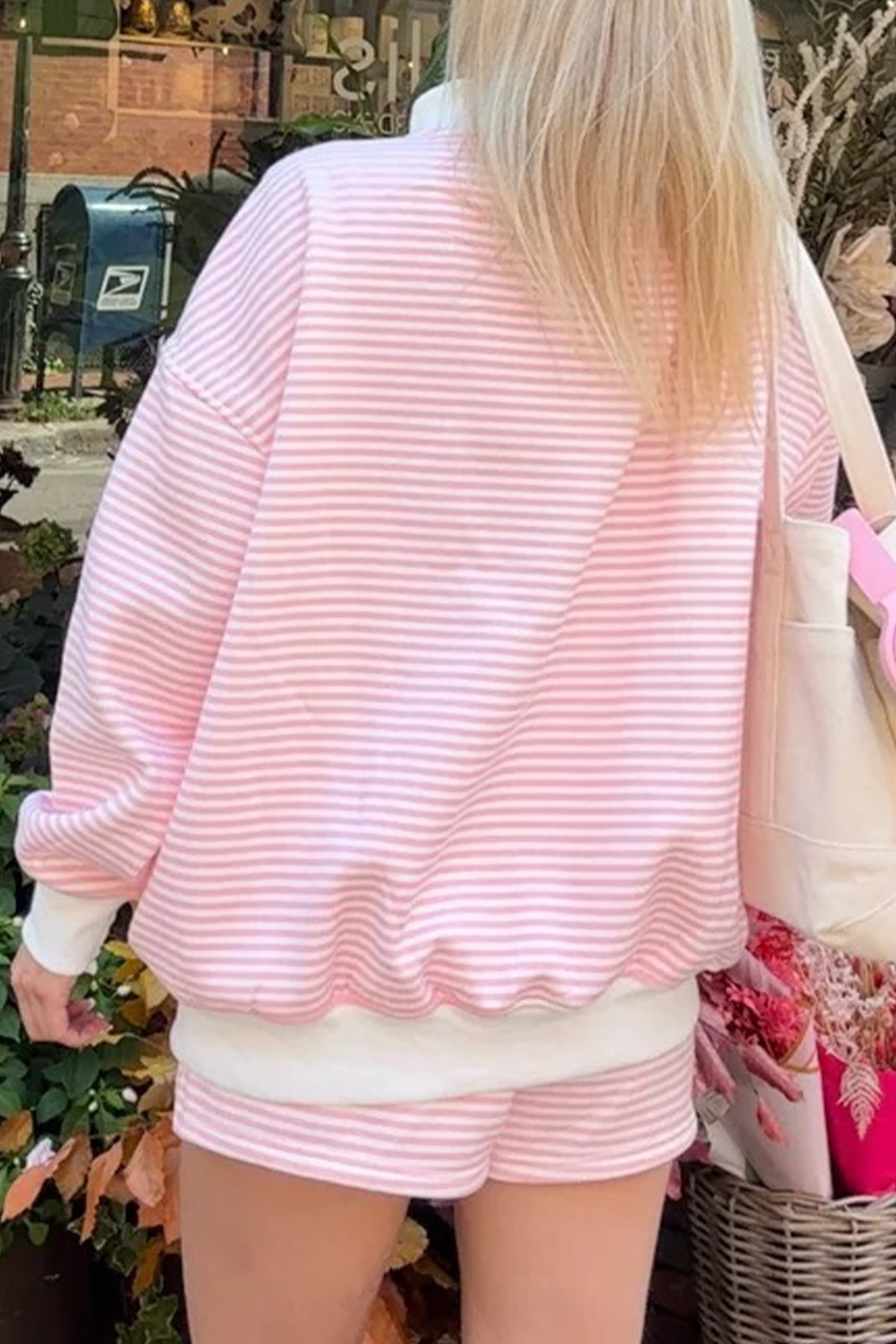 Oversized Striped Mock-Neck Sweatshirt & Shorts Set