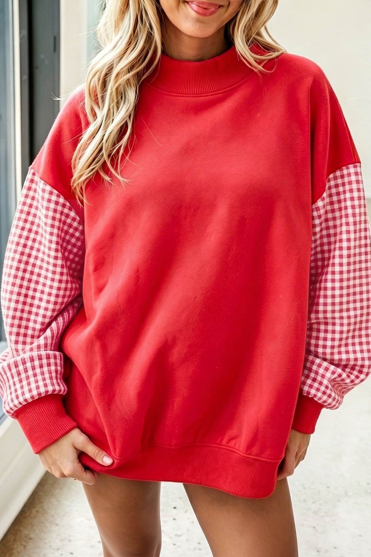 Plaid-Sleeve Colorblock Mock-Neck Tunic Sweatshirt