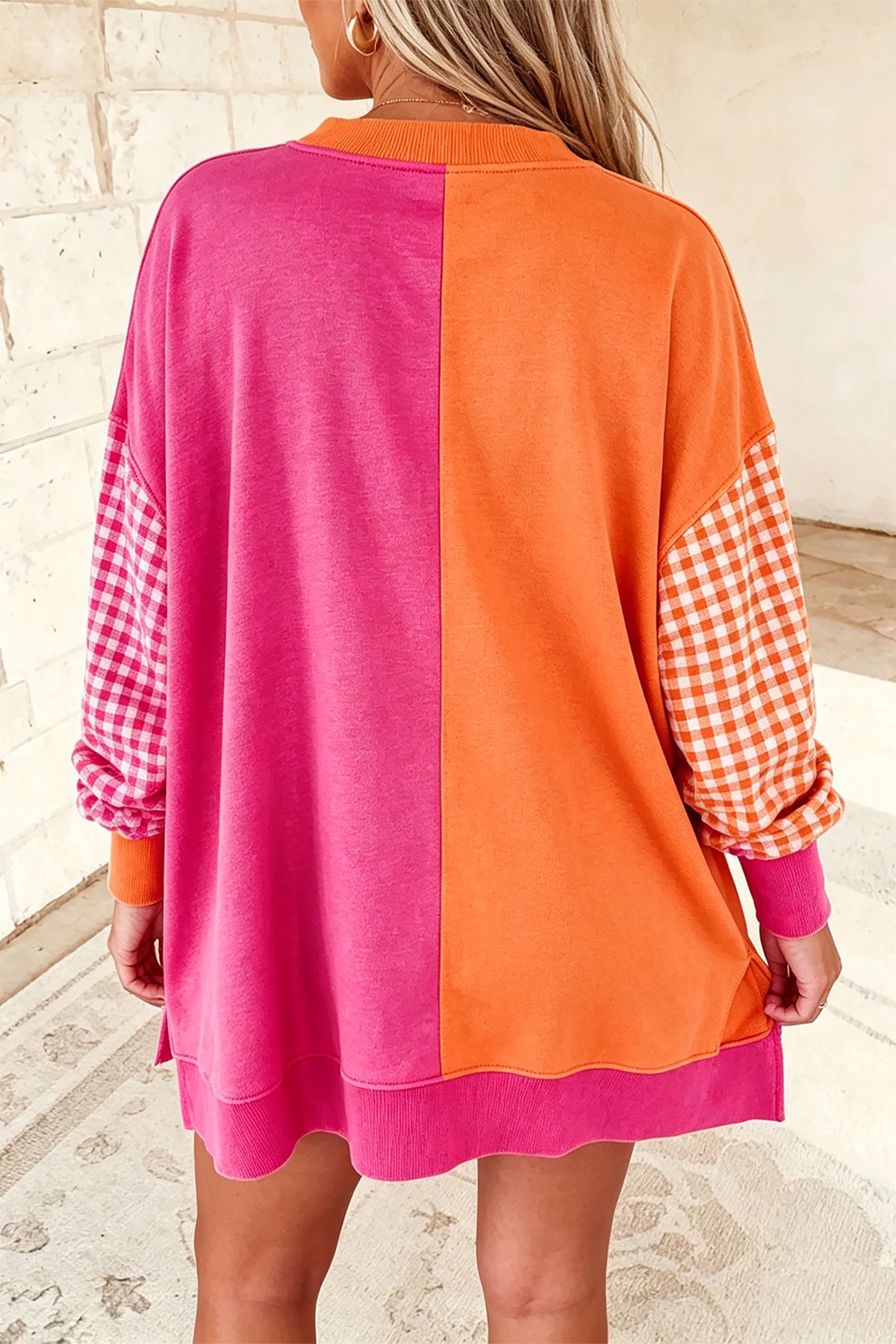 Colorblock Gingham-Sleeve Crewneck Sweatshirt