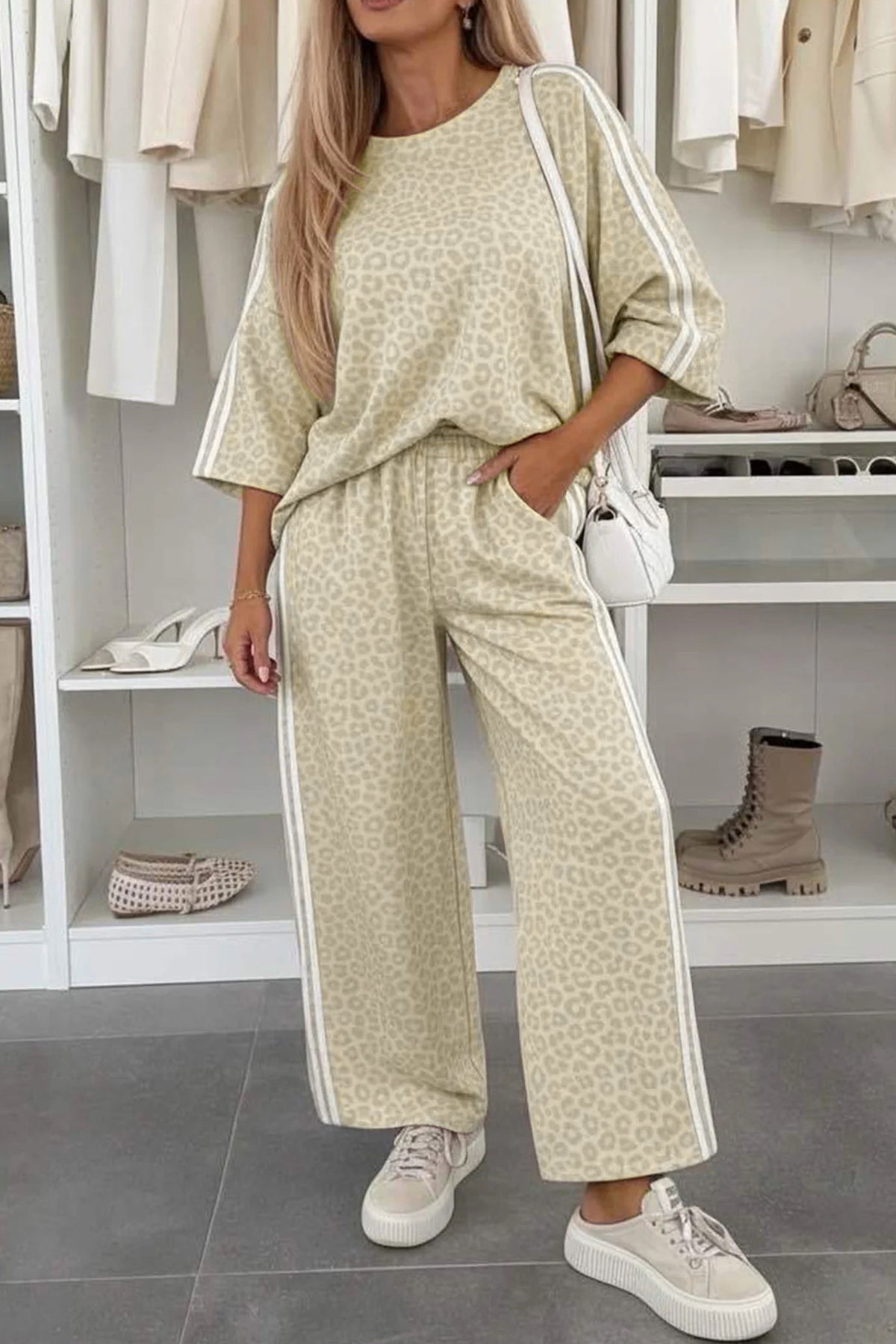 Leopard Varsity Stripe 3/4-Sleeve Two-Piece Set