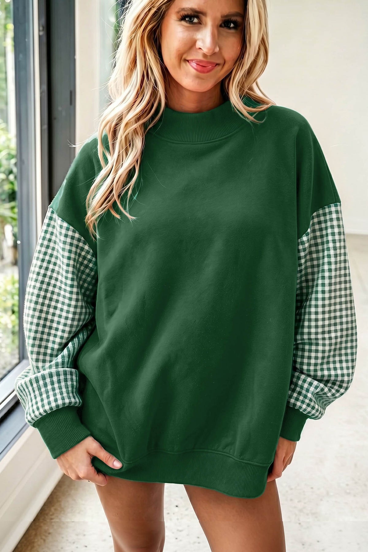 Plaid-Sleeve Colorblock Mock-Neck Tunic Sweatshirt