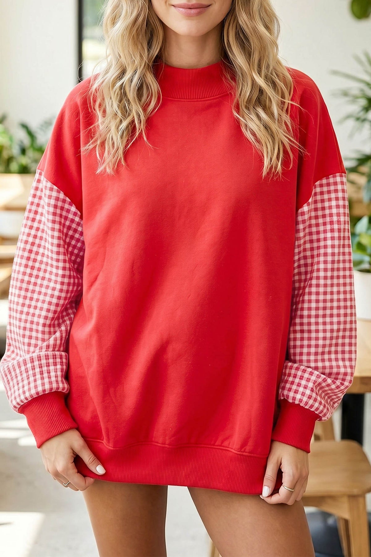 Plaid-Sleeve Colorblock Mock-Neck Tunic Sweatshirt