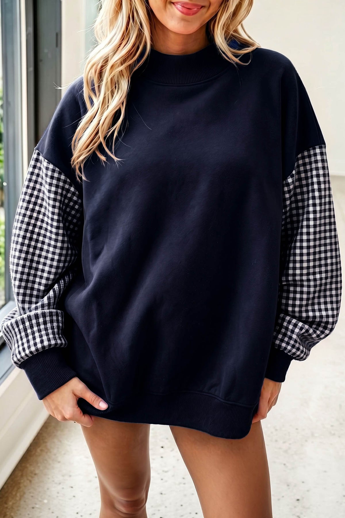 Plaid-Sleeve Colorblock Mock-Neck Tunic Sweatshirt