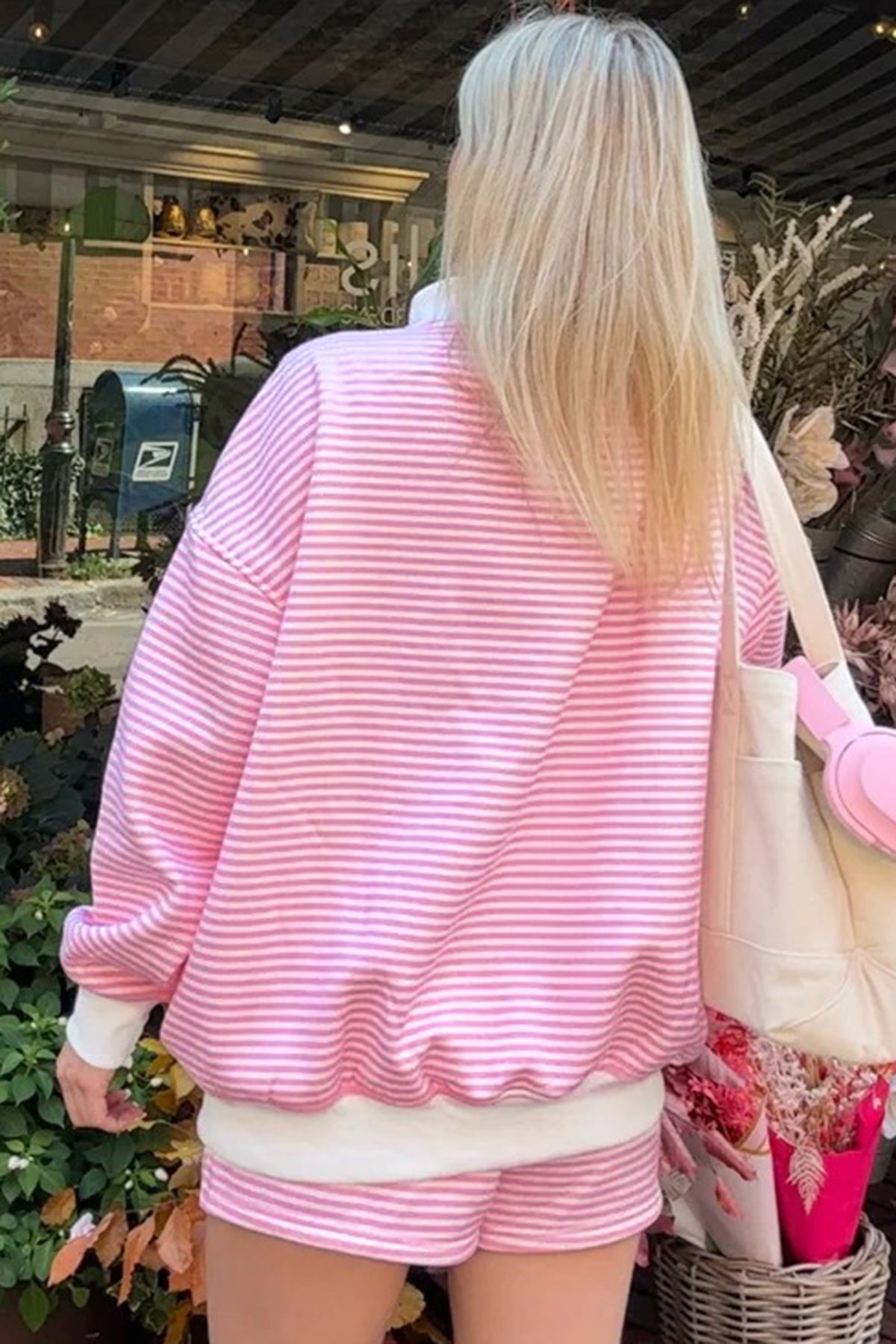 Oversized Striped Mock-Neck Sweatshirt & Shorts Set