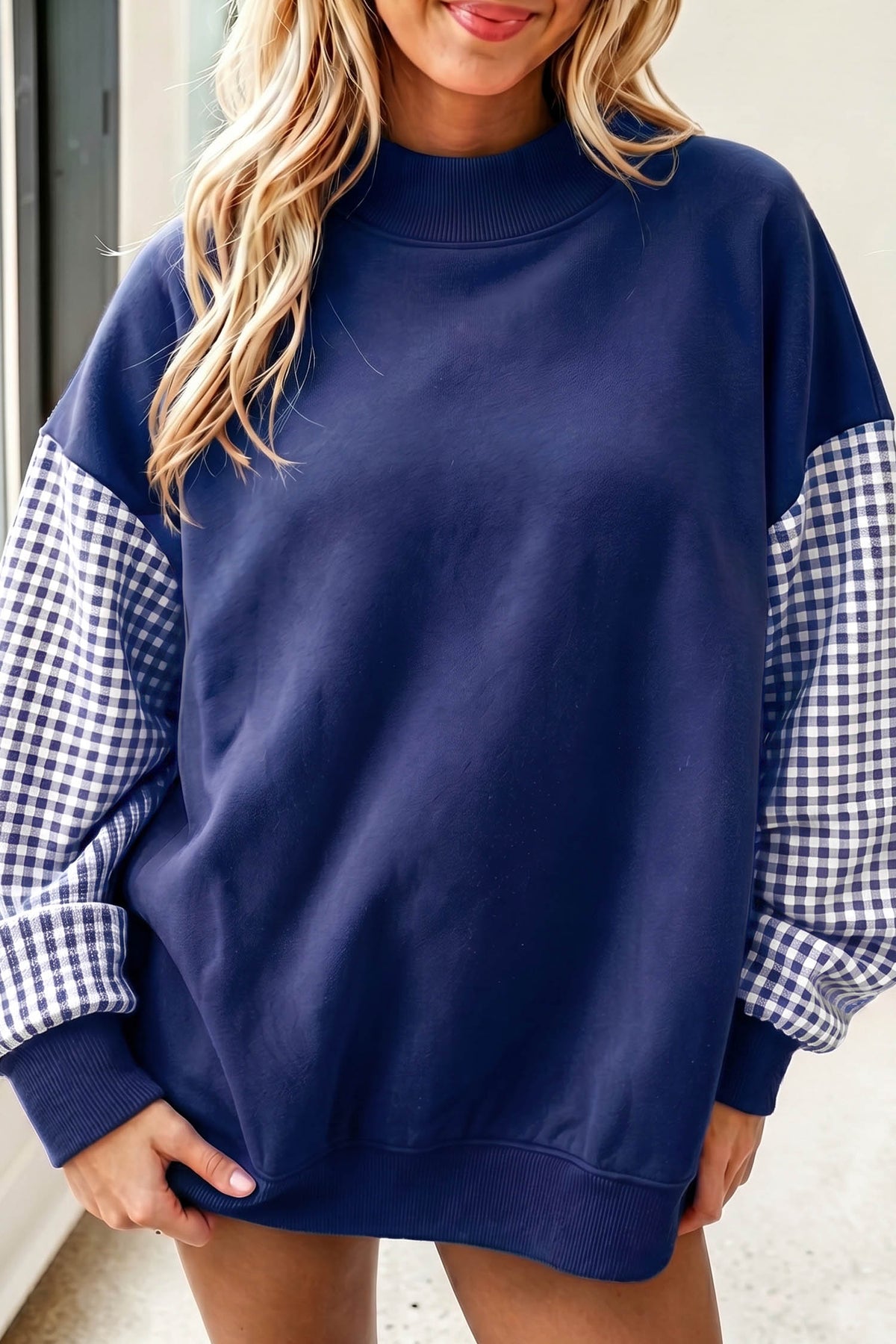 Plaid-Sleeve Colorblock Mock-Neck Tunic Sweatshirt