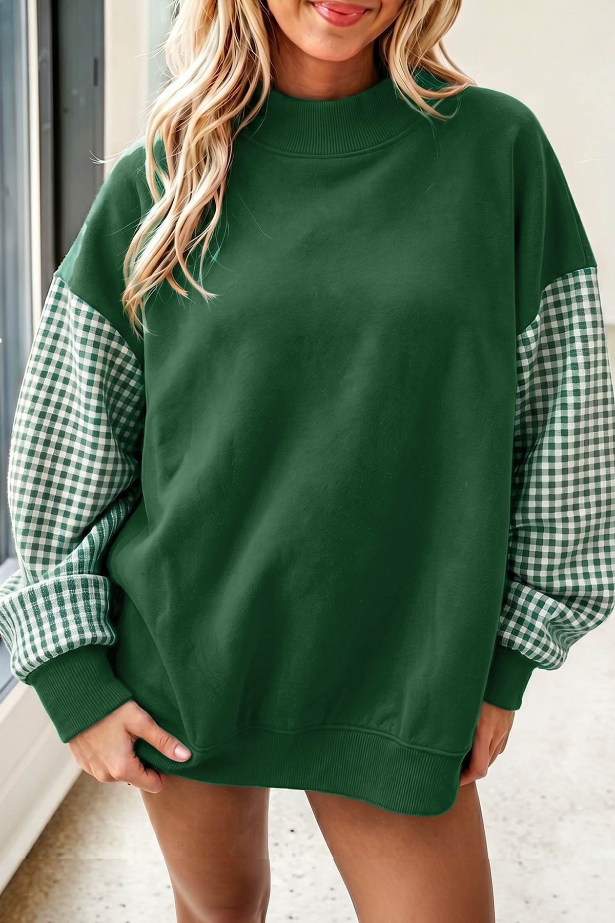 Plaid-Sleeve Colorblock Mock-Neck Tunic Sweatshirt