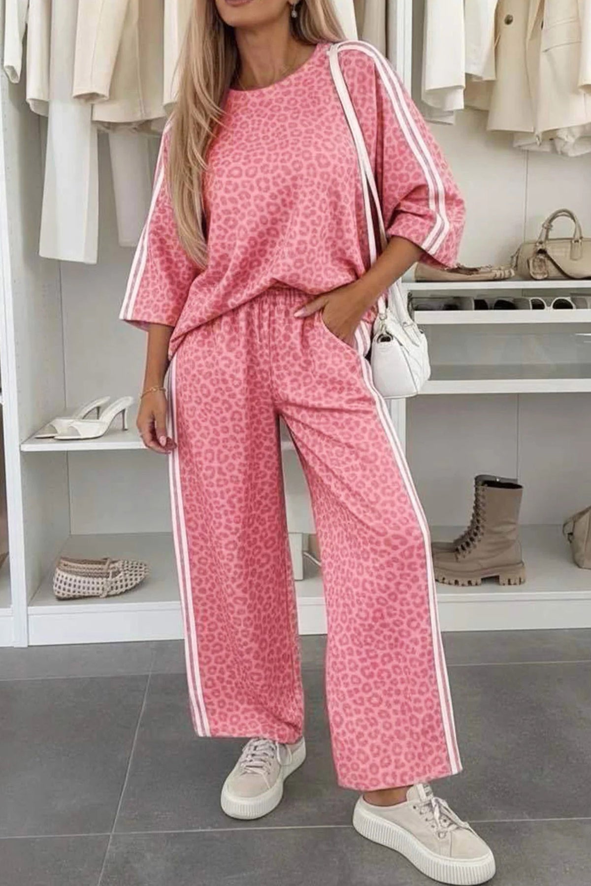 Leopard Varsity Stripe 3/4-Sleeve Two-Piece Set
